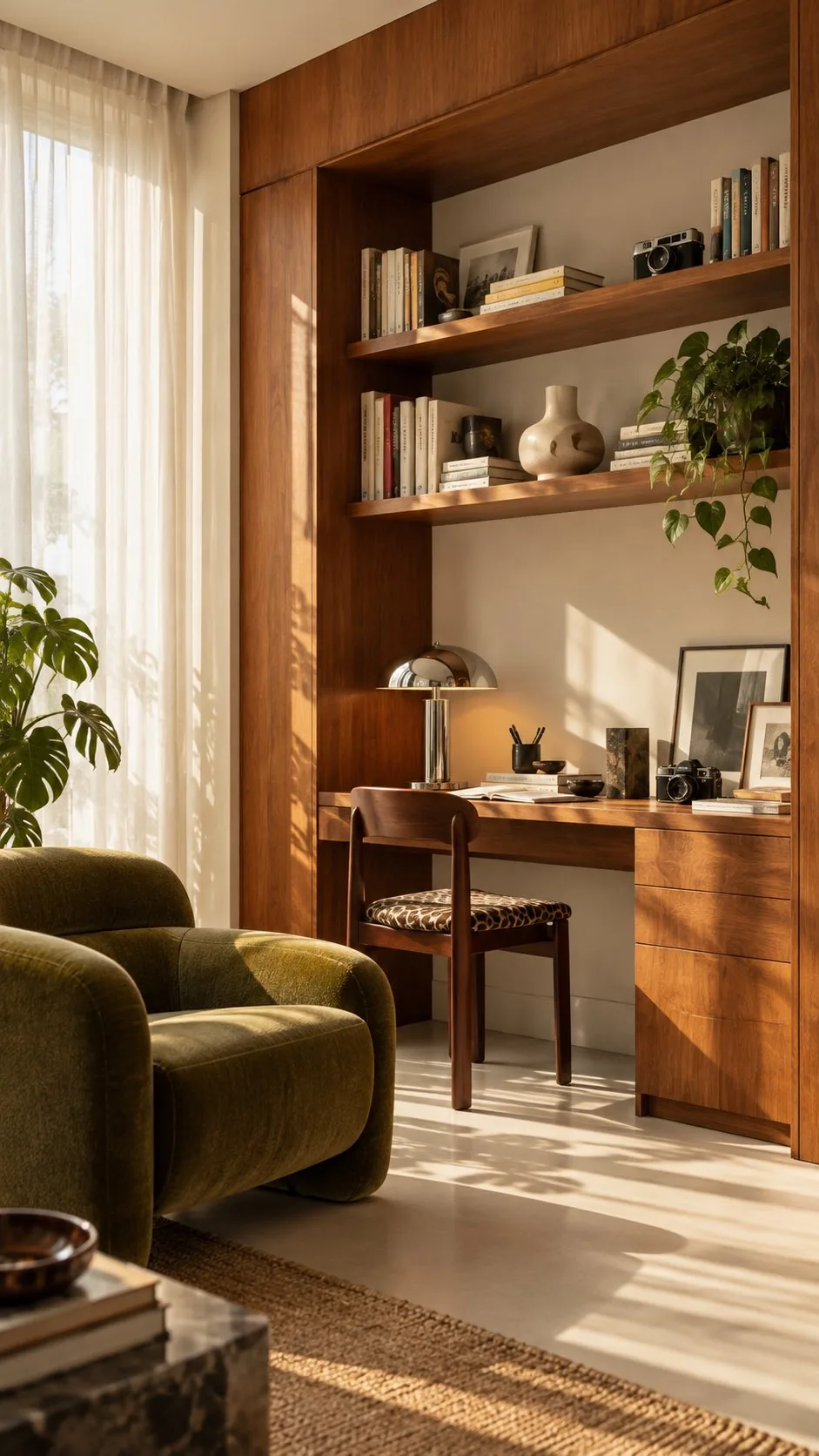 Wohnraum mit Holzwand und grünem Sessel